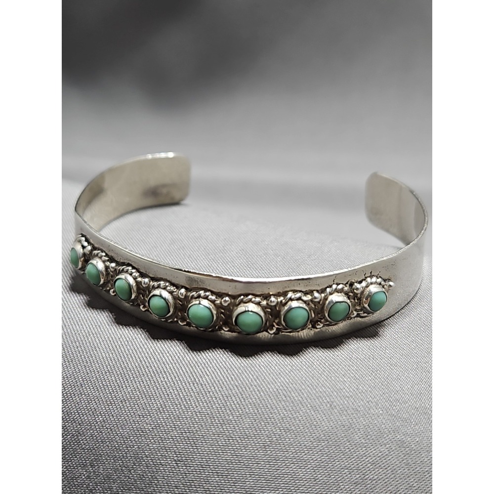 Sterling Petit Point Turquoise Cuff Bracelet 3/8" Vintage Signed MS 925 Mexico - Picture 2 of 8